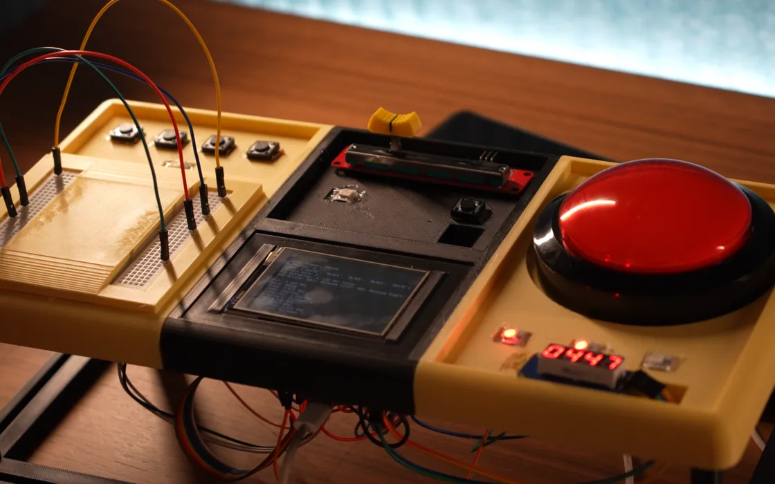 The Blind Defusal box, wired up on a desk
